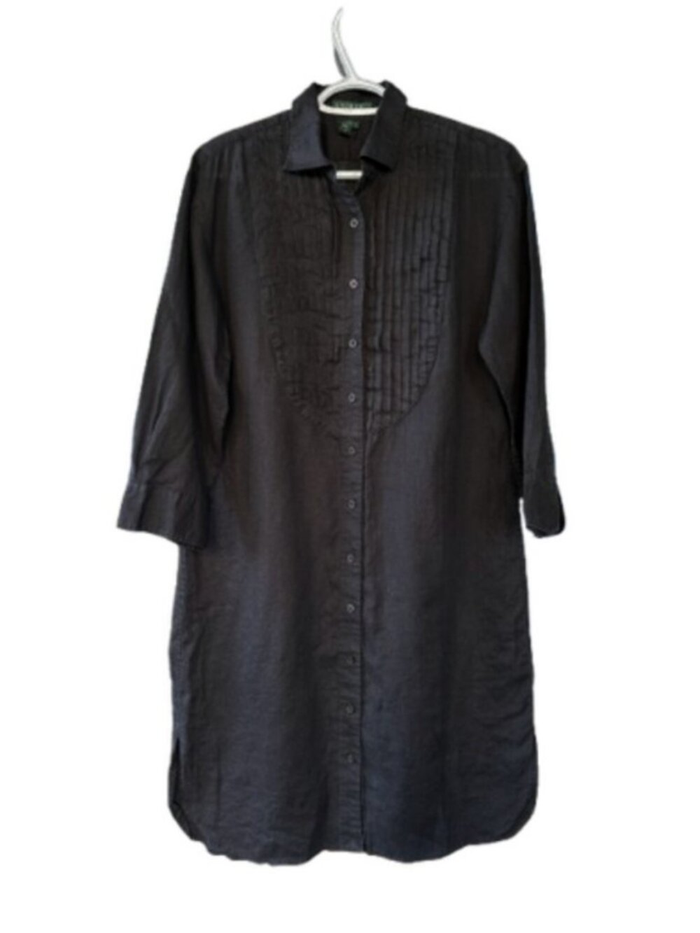 Lauren Ralph Lauren linen pintuck tuxedo shirt dress black women's size L